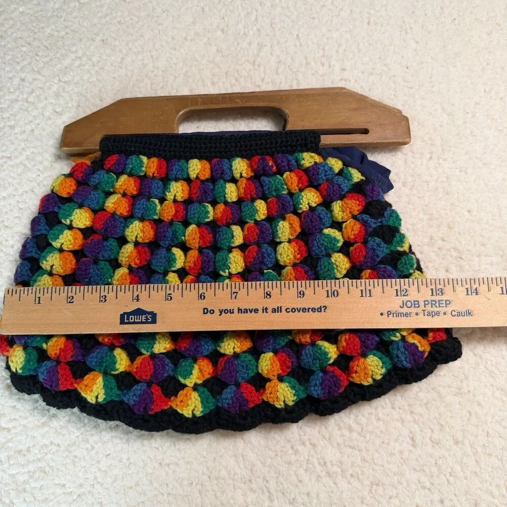 RETRO FUNKY 60s/70s style Rainbow Knitted/Knitting Bag With Wooden Handles